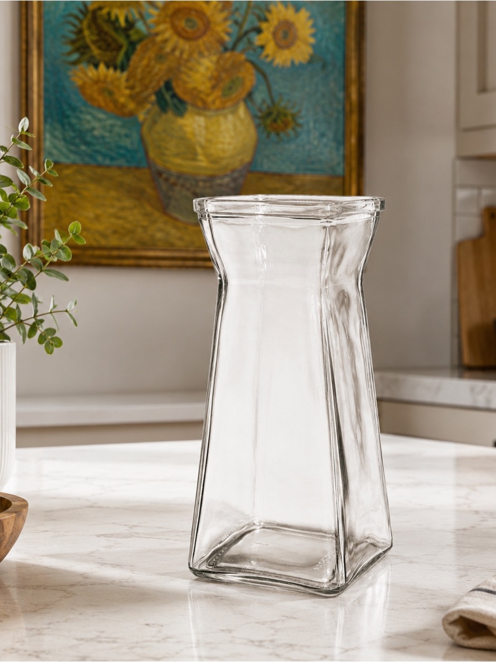 Clear Glass Square Vase – 8” Tall Modern Decorative Flower Vase